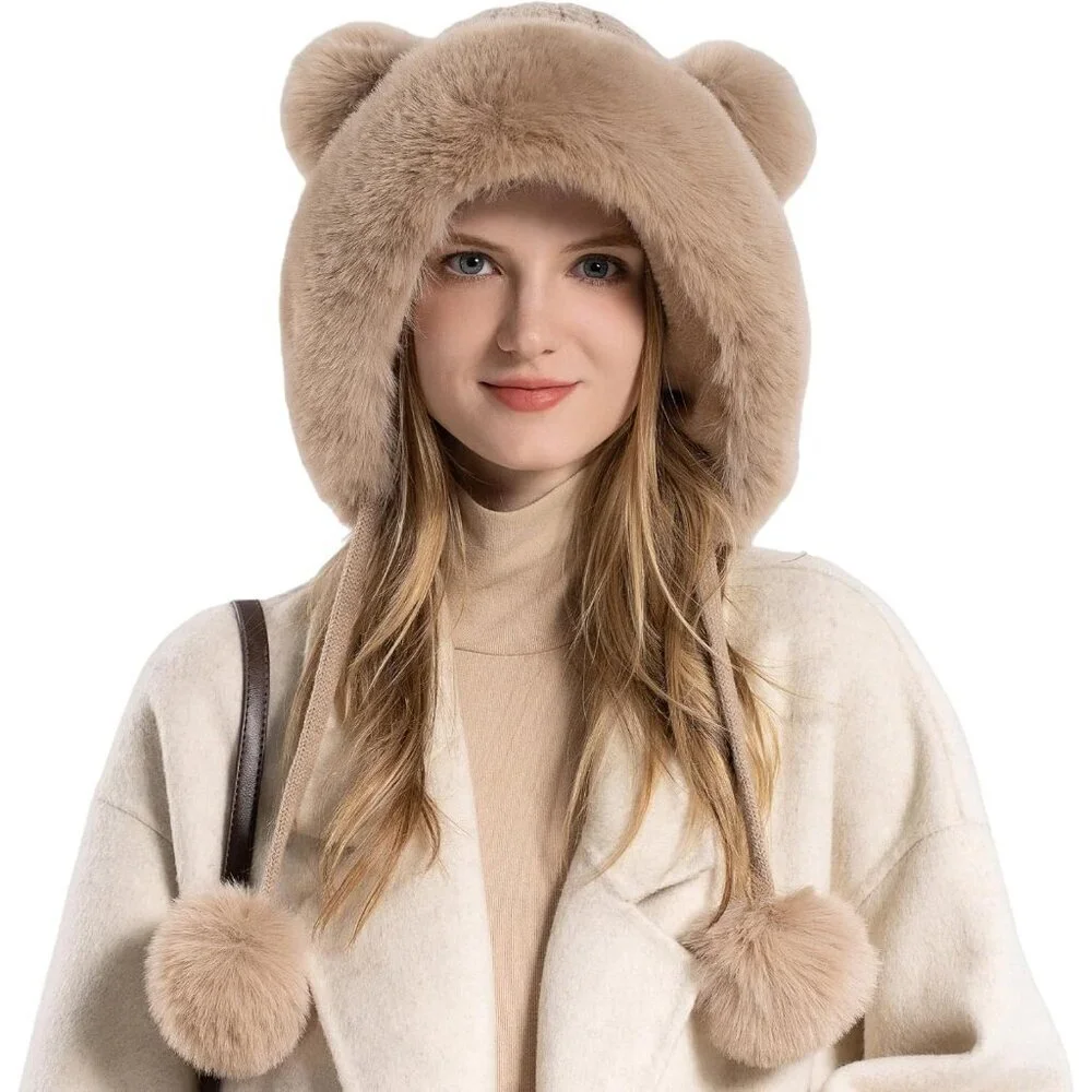 Women Khaki 2Winter Sherpa Beanie Hats Knit Ear Flaps Peruvian Cover Ears